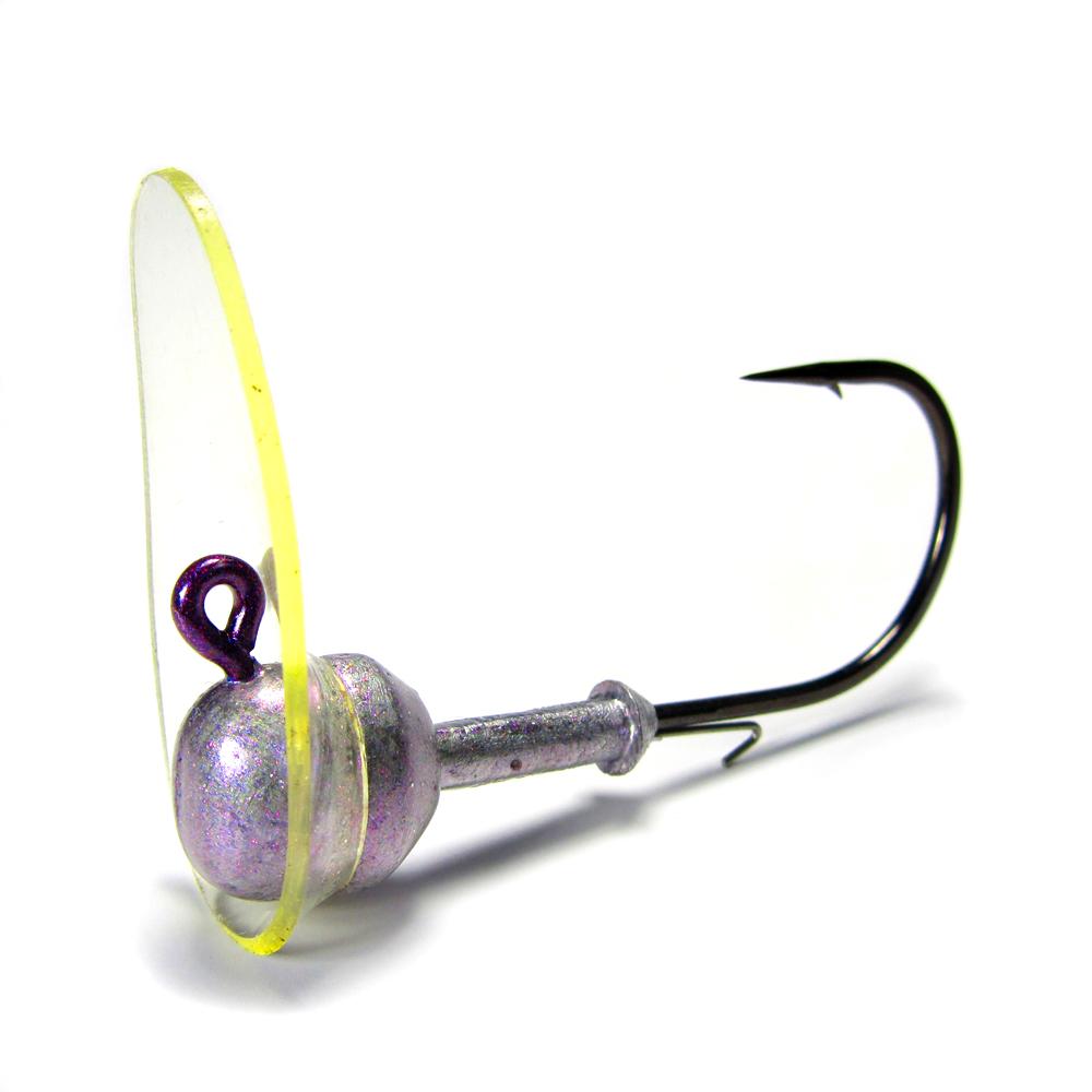 Black and purple rubber fishing worm rigged up with a hook to be